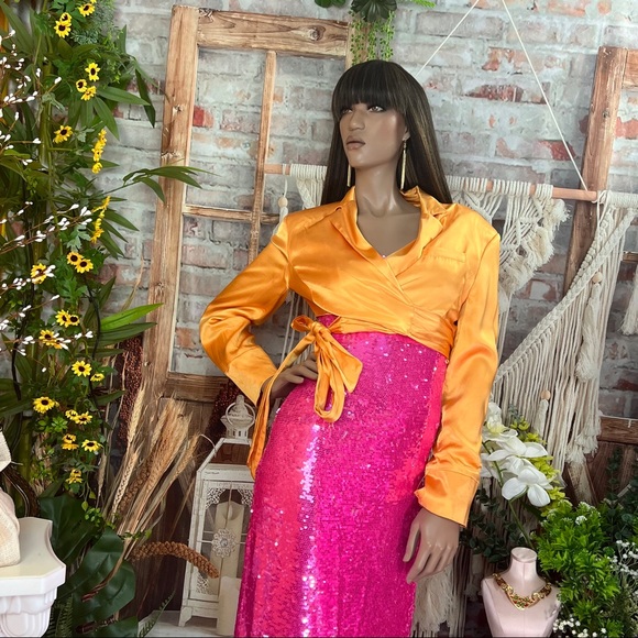 Bershka Orange Satin cropped Blazer Top